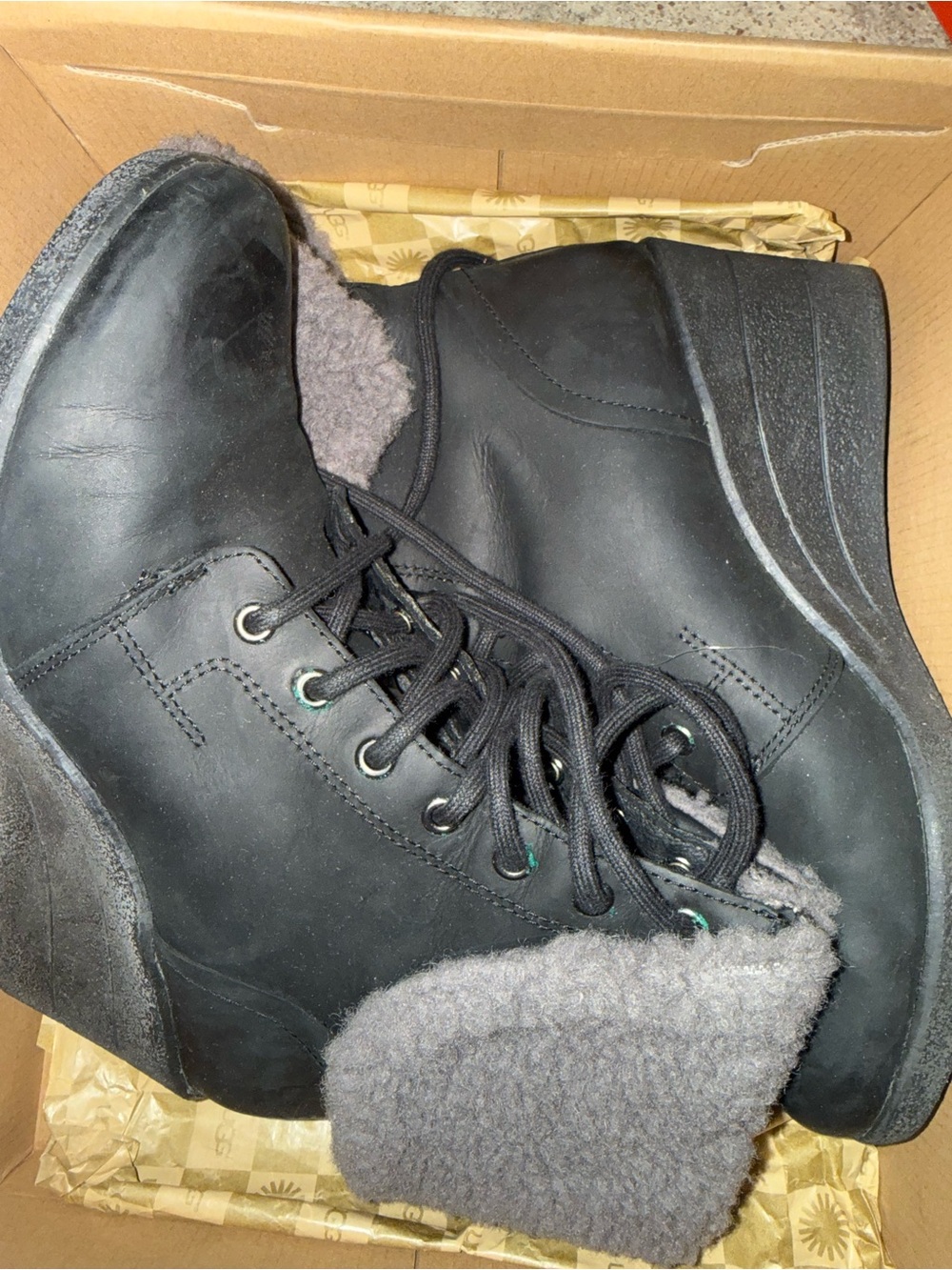 UGG Women’s Black Lace-Up Boots with Gray Shearling Cuff